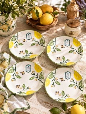Set of 4 Lemon Tree Honey Bee Salad Plates 9” Hand Painted Ceramic